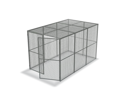 Drawing of the Maxi Box 3 in grey: a mesh cage 2,230 x 2,200 x 3,600mm with double doors at the front.