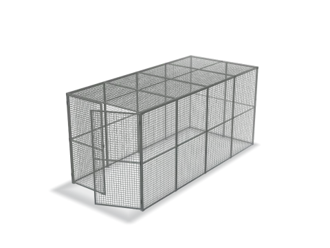 Drawing of the Maxi Box 4 in grey: a mesh cage 2,230 x 2,200 x 4,800mm with double doors at the front.