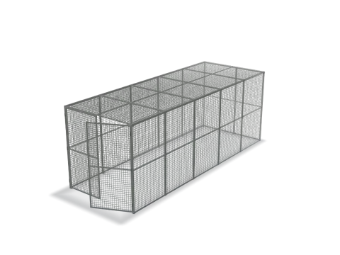Drawing of the Maxi Box 5 in grey: a mesh cage 2,230 x 2,200 x 6,000mm with double doors at the front.